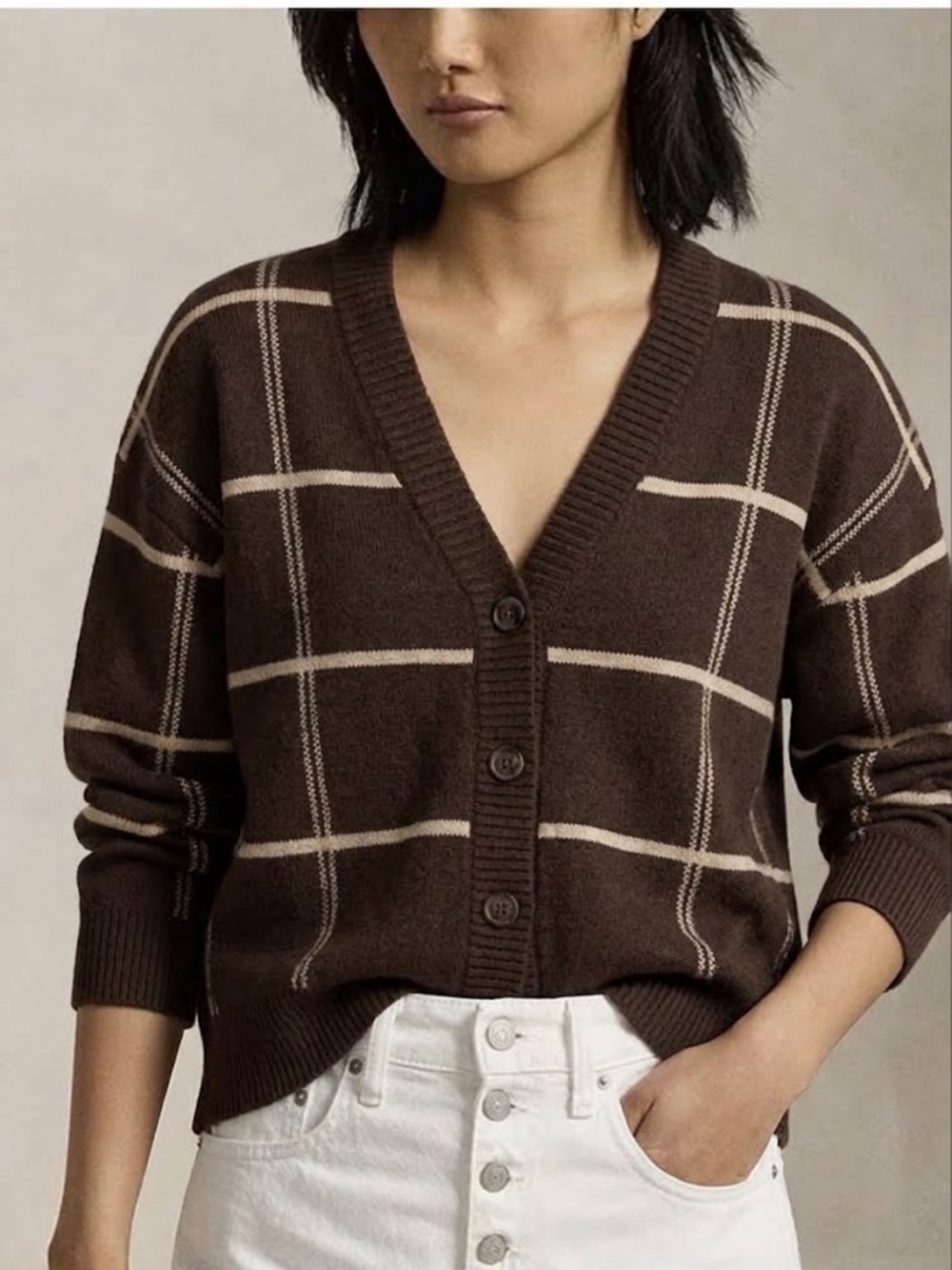 Industry Women’s Sweater Brown Plaid Grandpa Fuzzy Cardigan Button Gorpcore S/P